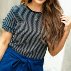 Dual Striped Ruffle Trim Tee -Women's Clothing Store DSC 4143