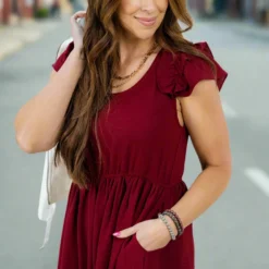 Ruched Ruffle Shoulder Maxi Dress -Women's Clothing Store DSC 4296