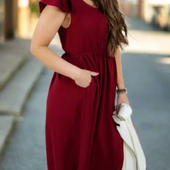 Ruched Ruffle Shoulder Maxi Dress -Women's Clothing Store DSC 4312