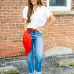 Cinched Sleeve Button Accented Blouse -Women's Clothing Store DSC 4350