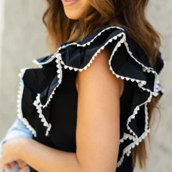 Eyelet Trimmed Double Flutter Blouse -Women's Clothing Store DSC 4394