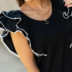 Eyelet Trimmed Double Flutter Blouse -Women's Clothing Store DSC 4410