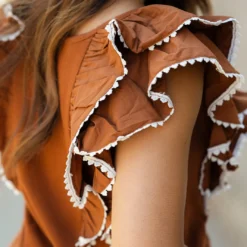 Eyelet Trimmed Double Flutter Blouse -Women's Clothing Store DSC 4472