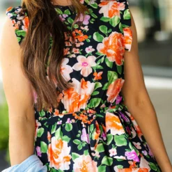Bold Blooms Tie Waist Tank Dress -Women's Clothing Store DSC 4724