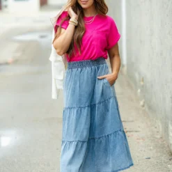 Tiered Denim Midi Skirt -Women's Clothing Store DSC 5460