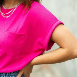 Ribbed Pocket Accented Cuffed Sleeve Tee 30 Ribbed Pocket Accented Cuffed Sleeve Tee -Women's Clothing Store DSC 5487