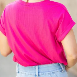 Ribbed Pocket Accented Cuffed Sleeve Tee 22 Ribbed Pocket Accented Cuffed Sleeve Tee -Women's Clothing Store DSC 5612