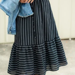 Mixed Stripes Ruffle Bottom Midi Skirt