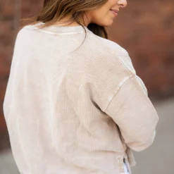 Ribbed Side Slit Washed Sweatshirt -Women's Clothing Store DSC 5790