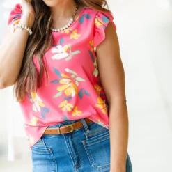 Painted Petals Ruffle Trim Tank -Women's Clothing Store DSC 5810