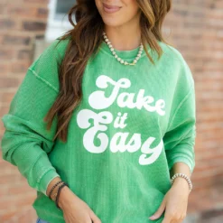 Take It Easy Ribbed Graphic Crewneck
