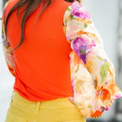 Watercolor Floral Sleeve Ribbed Body Blouse -Women's Clothing Store DSC 6041