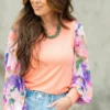 Watercolor Floral Sleeve Ribbed Body Blouse