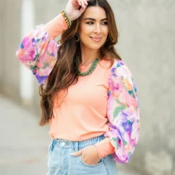 Watercolor Floral Sleeve Ribbed Body Blouse -Women's Clothing Store DSC 6091