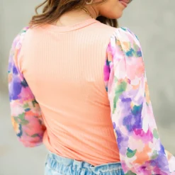 Watercolor Floral Sleeve Ribbed Body Blouse -Women's Clothing Store DSC 6114