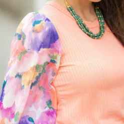 Watercolor Floral Sleeve Ribbed Body Blouse -Women's Clothing Store DSC 6115