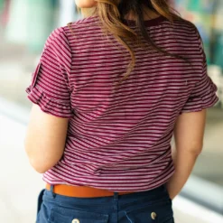 Dual Striped Ruffle Trim Tee -Women's Clothing Store DSC 6202