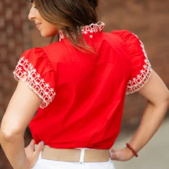 Eyelet Dual Flutter Trim Blouse -Women's Clothing Store DSC 6216