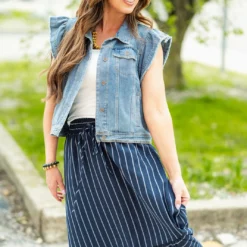 Mixed Stripes Ruffle Bottom Midi Skirt -Women's Clothing Store DSC 6391