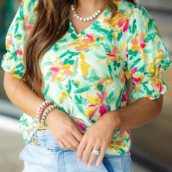 Brush Stroke Puff Sleeve Blouse -Women's Clothing Store DSC 6412