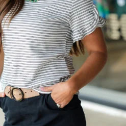 Dual Striped Ruffle Trim Tee -Women's Clothing Store DSC 6583