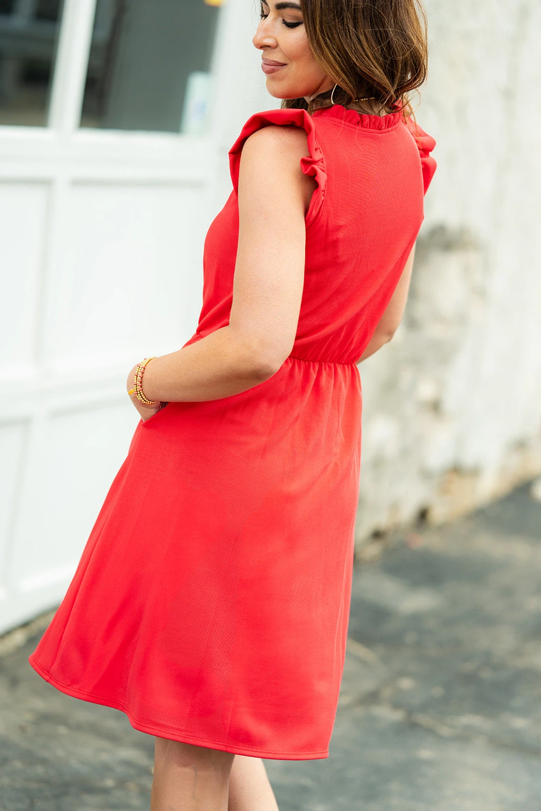 Elevated Cinched Ruffle Trim V Dress 6 Elevated Cinched Ruffle Trim V Dress - Image 6