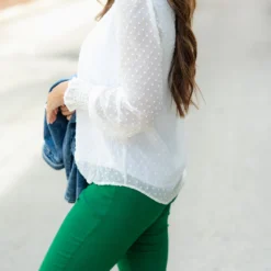 Sheer Cinched Sleeve Swiss Dot Blouse 7 Sheer Cinched Sleeve Swiss Dot Blouse -Women's Clothing Store DSC 6909