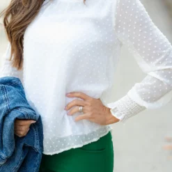 Sheer Cinched Sleeve Swiss Dot Blouse