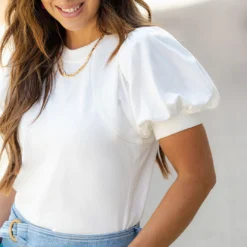 Rib Accented Puff Sleeve Tee -Women's Clothing Store DSC 6990