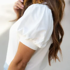Rib Accented Puff Sleeve Tee -Women's Clothing Store DSC 6995