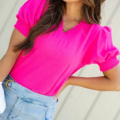 Cinched V Ruched Puff Sleeve Blouse 23 Cinched V Ruched Puff Sleeve Blouse -Women's Clothing Store DSC 7055