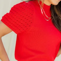 Open Weave Sleeve Knit Tee -Women's Clothing Store DSC 7090