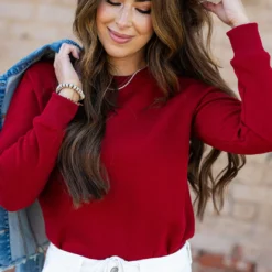 Waffled Side Slit Sweatshirt -Women's Clothing Store DSC 7237