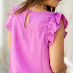 Ruched Ruffle Shoulder Tank -Women's Clothing Store DSC 7239