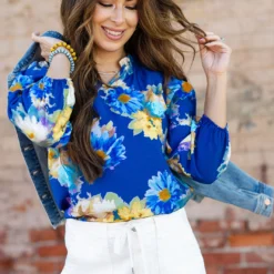 Fancy Floral Cinched Long Sleeve Blouse