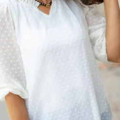 Mini Dot Sheer Sleeve V Blouse
