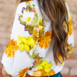 Fancy Floral Cinched Long Sleeve Blouse -Women's Clothing Store DSC 7548