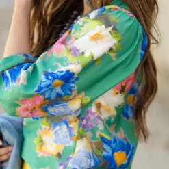 Fancy Floral Cinched Long Sleeve Blouse -Women's Clothing Store DSC 7648