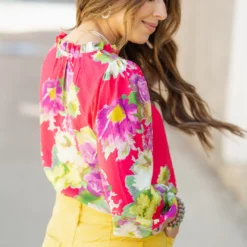 Fancy Floral Cinched Long Sleeve Blouse -Women's Clothing Store DSC 7706