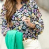 Wildflowers Cinched Sleeve Tie Blouse