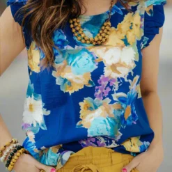 Fancy Floral Flutter Trim Blouse