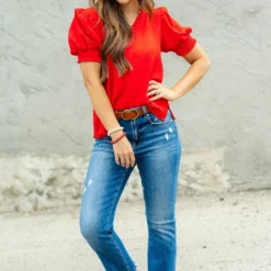 Cinched V Ruched Puff Sleeve Blouse 37 Cinched V Ruched Puff Sleeve Blouse -Women's Clothing Store DSC 8210