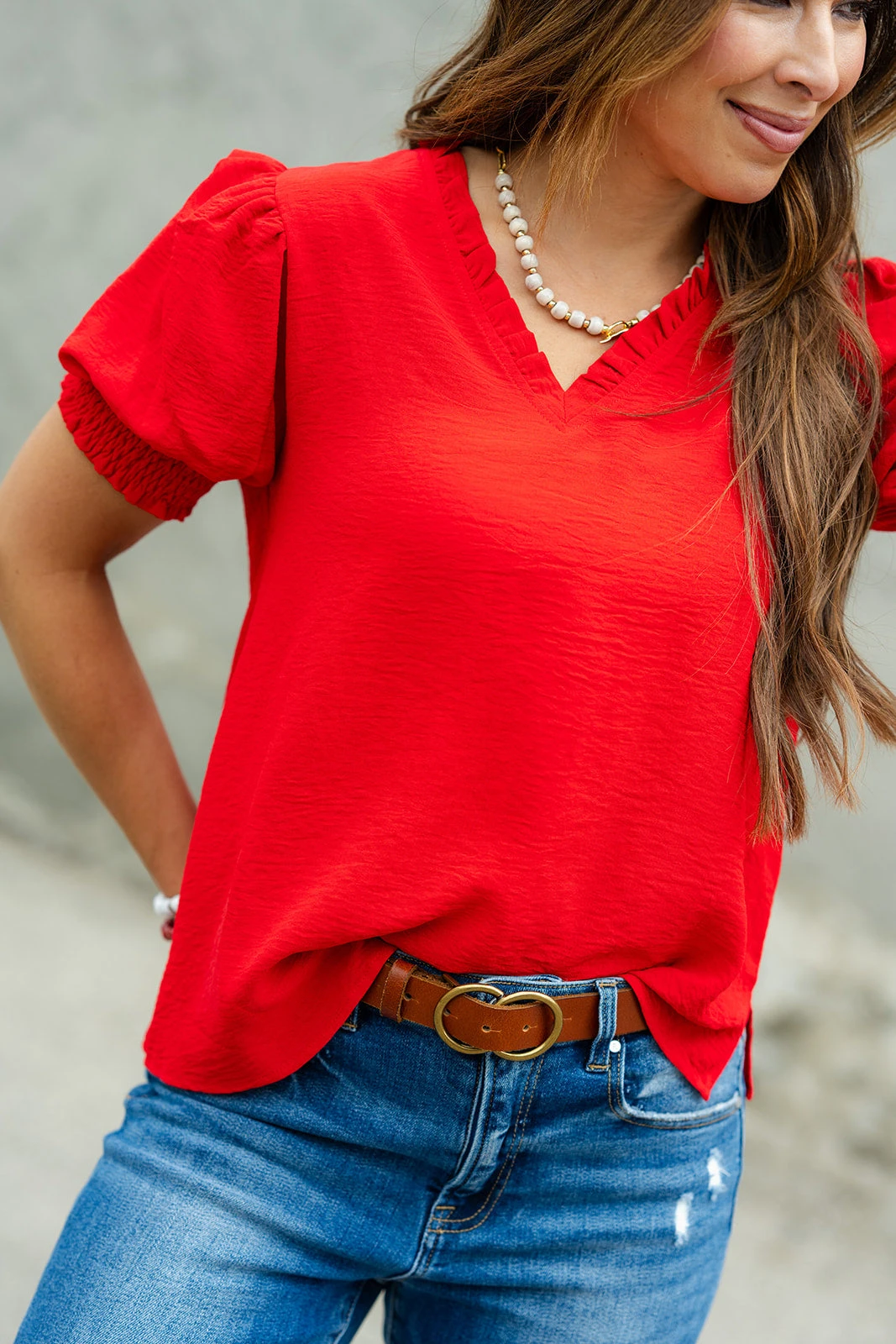 Cinched V Ruched Puff Sleeve Blouse 5 Cinched V Ruched Puff Sleeve Blouse - Image 5