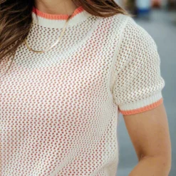 Color Trimmed Open Knit Tee -Women's Clothing Store DSC 8293