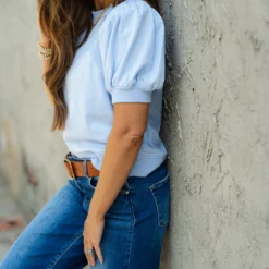 Rib Accented Puff Sleeve Tee -Women's Clothing Store DSC 8394 0a6d8099 ebdd 4fe7 b08d 603a63c9fb0e