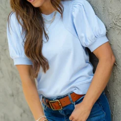 Rib Accented Puff Sleeve Tee -Women's Clothing Store DSC 8396