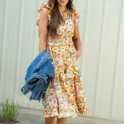 Painted Poppies Ruffle Tiered Midi Dress