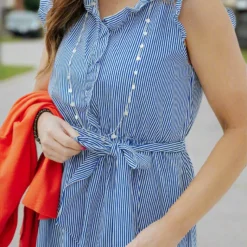 Striped Tie Waist Ruffle Trim Dress -Women's Clothing Store DSC 8728