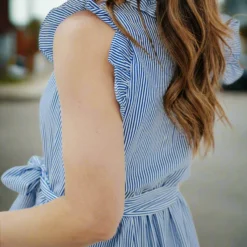Striped Tie Waist Ruffle Trim Dress -Women's Clothing Store DSC 8735