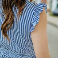 Striped Tie Waist Ruffle Trim Dress -Women's Clothing Store DSC 8736